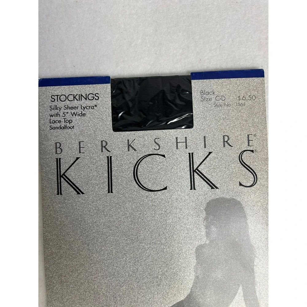 Vintage 80s Berkshire Women Size CD‎ Black Kicks Lace Top Silky Sheer Stockings